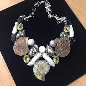 Ammonite & Pearls Multi-Gem Bib Necklace